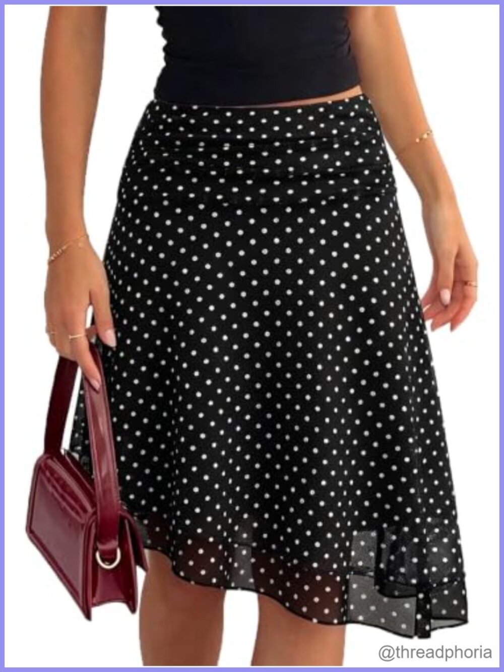 Polka Dot Midi Skirt Sheer Mesh Lining Asymmetrical A-Line